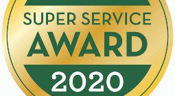 A green and gold plaque with the words super service award 2 0 2 0