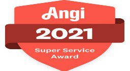 A red shield with the words angi 2 0 2 1 super service award.