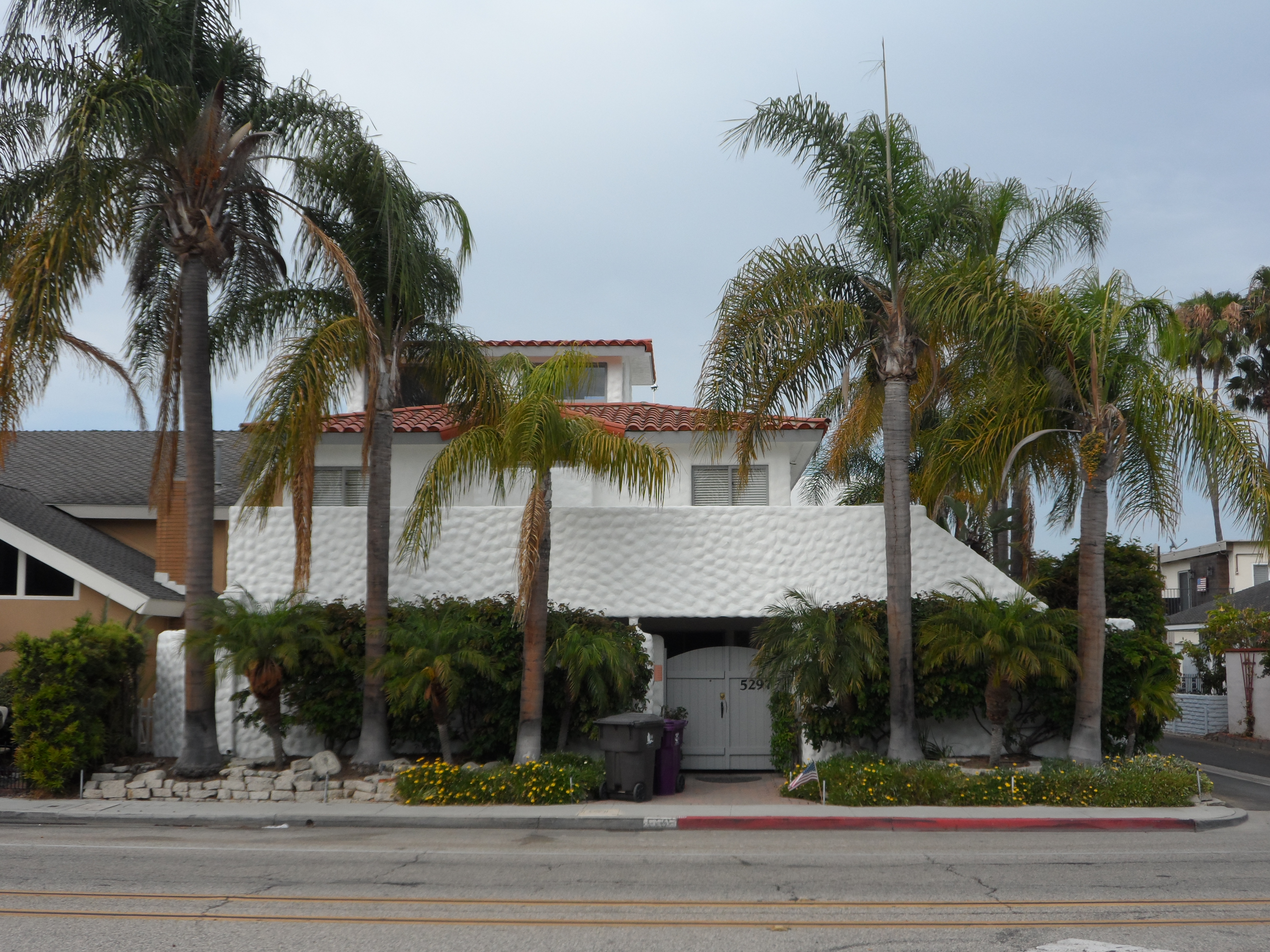 A white building with palm trees in front of it.