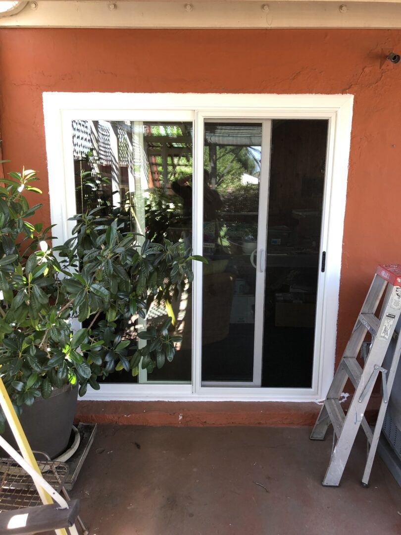 A sliding glass door with two windows and a ladder.