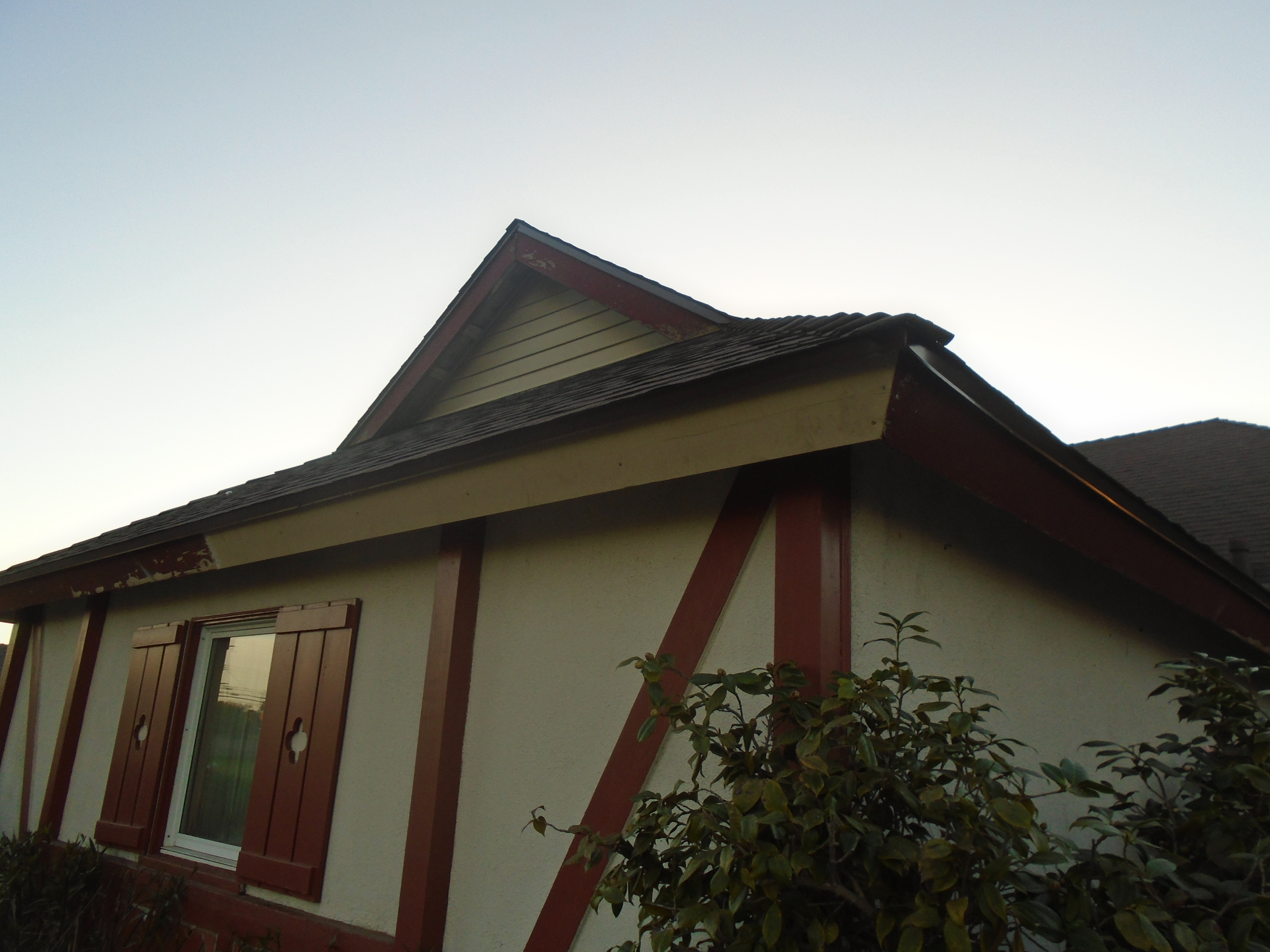 A house with a roof that has been painted white and red.