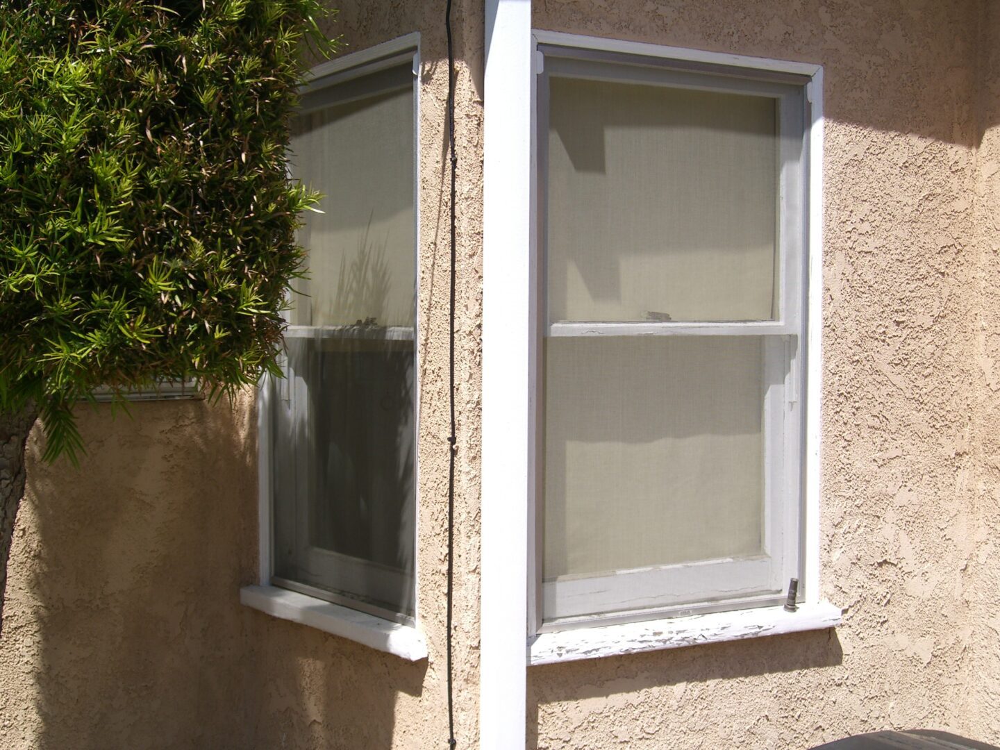 A corner of a house with two windows.