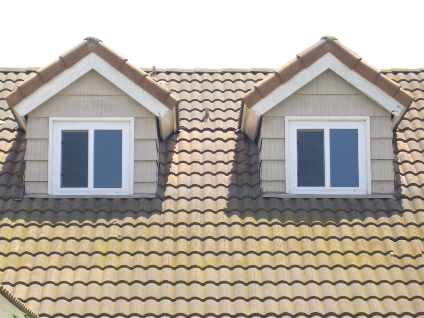 A roof with two windows and a brown tile roof.