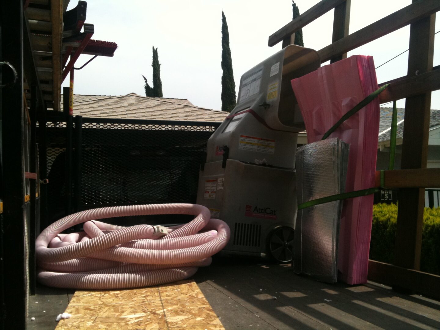 A pink hose is laying on the ground.