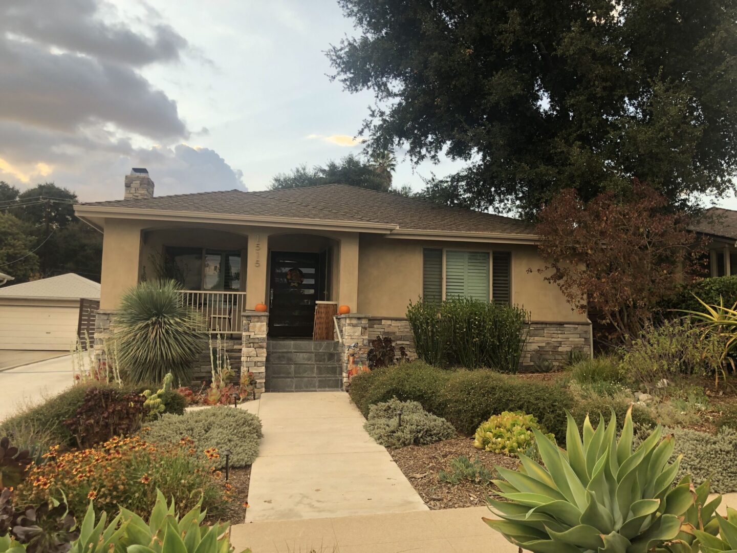 A house with a lot of plants in front of it