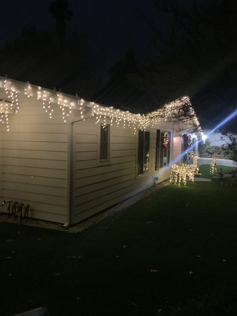 A house with lights on the roof and lawn.