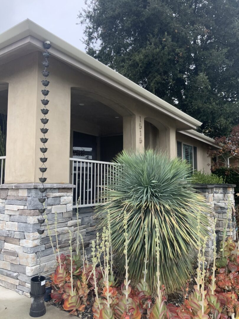 A house with a fence and plants in front of it